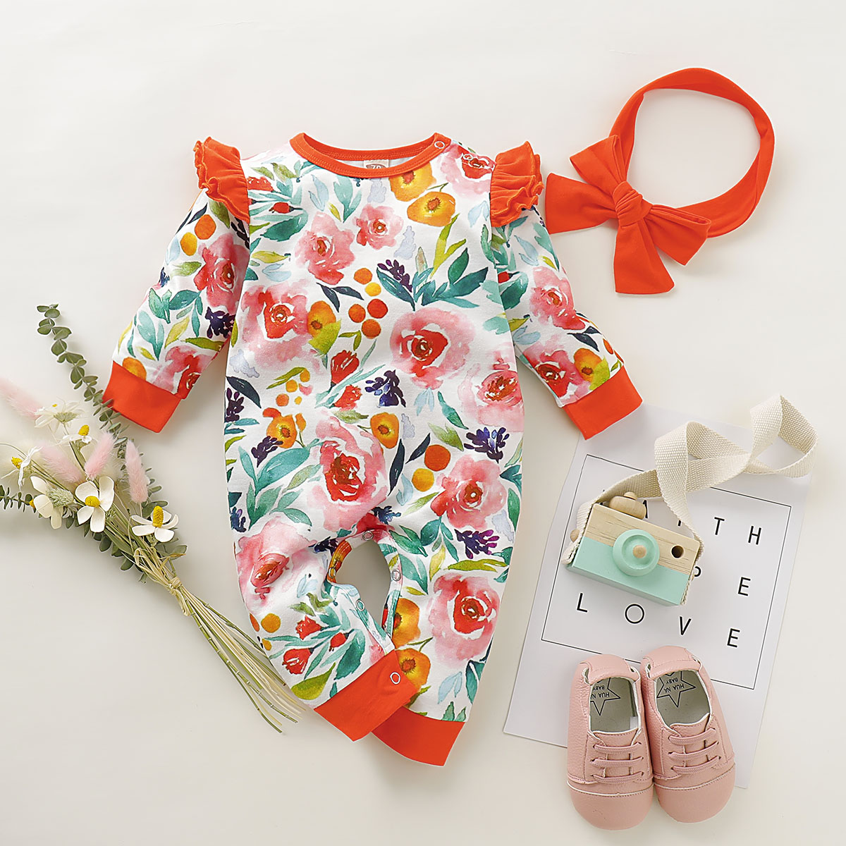 

Baby Girl Floral Allover Long-sleeve Jumpsuit and Headband