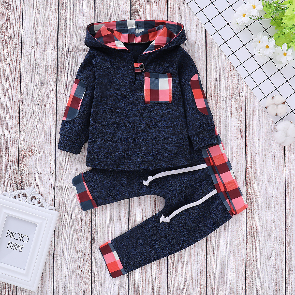 

Baby Boy Trendy Plaid Long-sleeve Hoodie and Pants Set