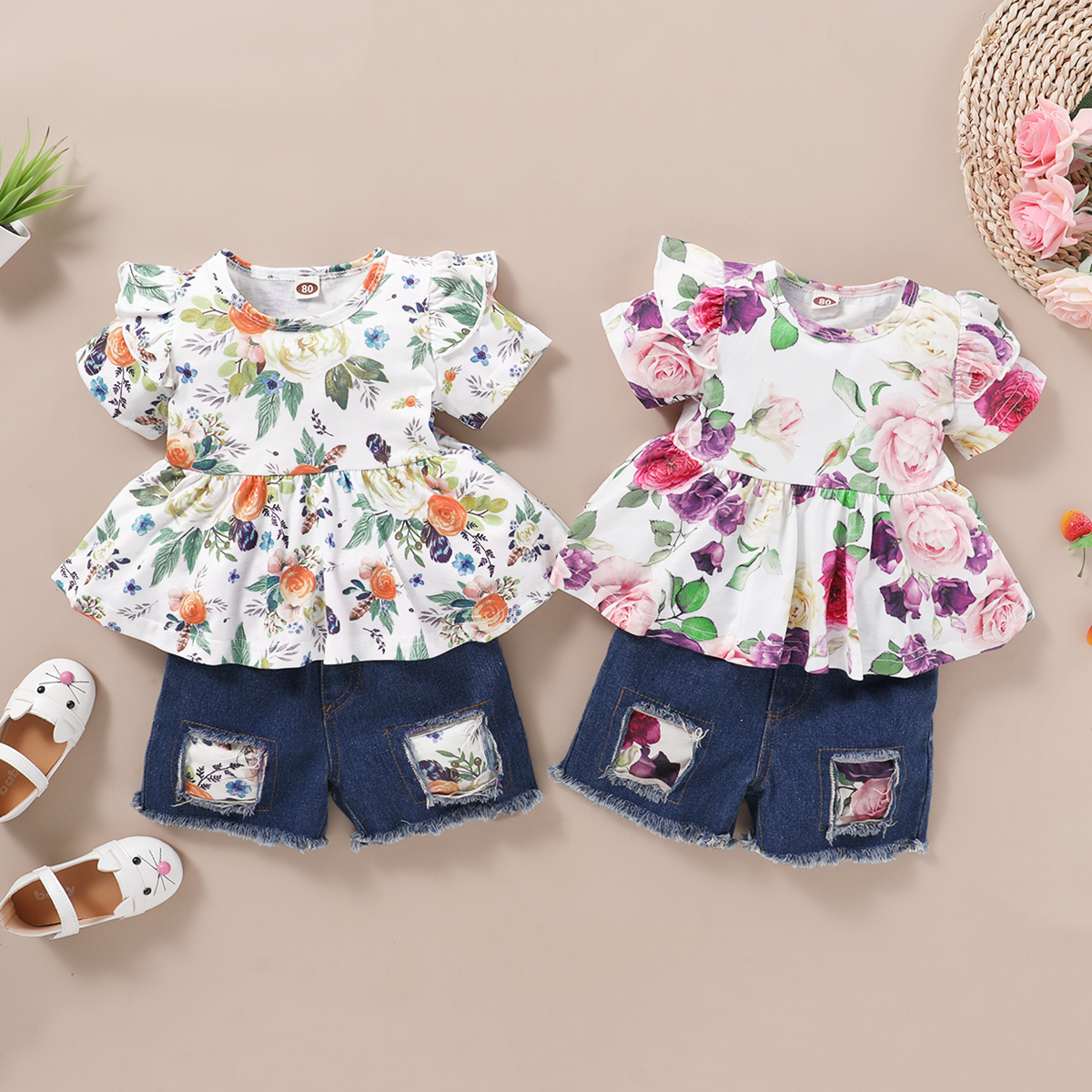 

Baby Floral Flounced-sleeve Top and Denim Shorts Set