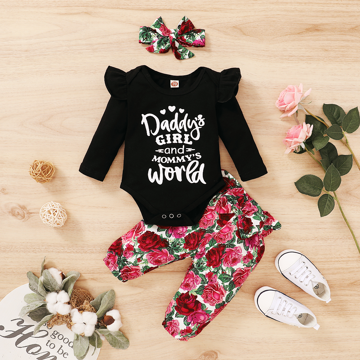 

3pcs Baby Girl Sweet Floral Baby's Sets Romper Cotton Fashion Long Sleeve Infant Clothing Outfits
