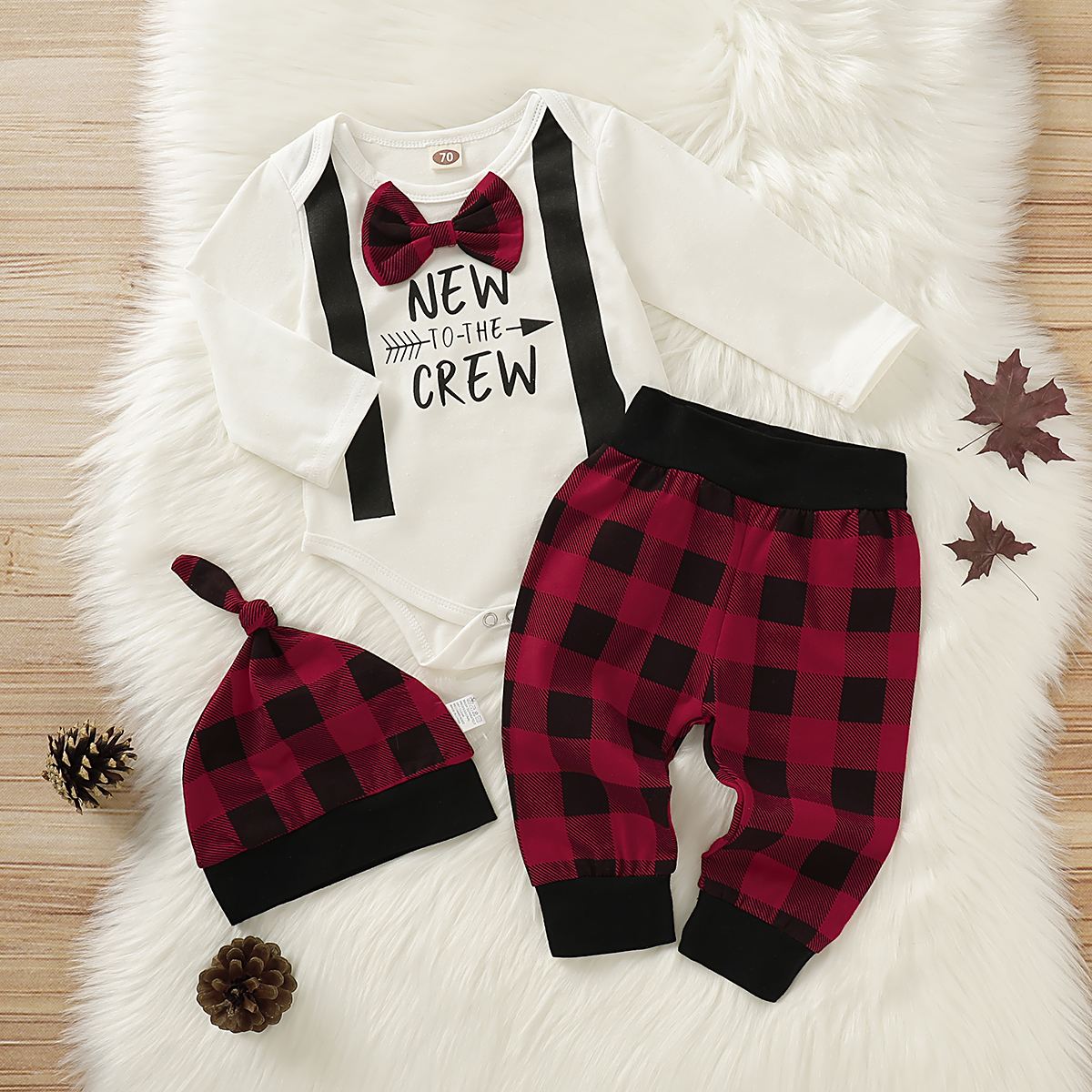 

3pcs Letter and Plaid Print Bow Tie Decor Long-sleeve Baby Set