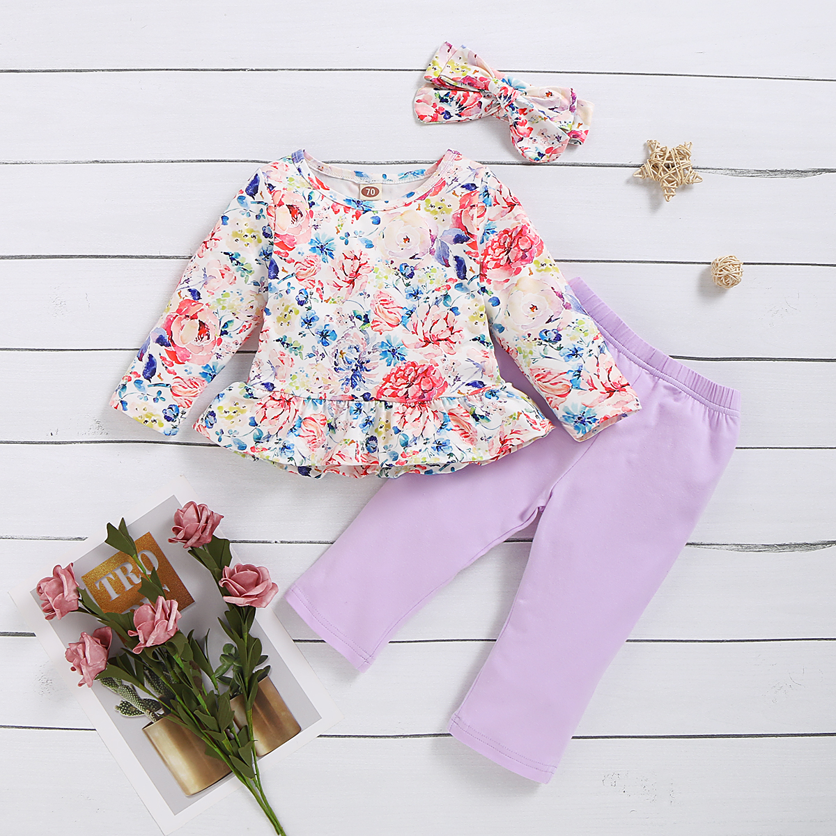 

3pcs Baby Girl Sweet Floral Baby's Sets Long-sleeve Fashion Cute Infant Outfit Clothing