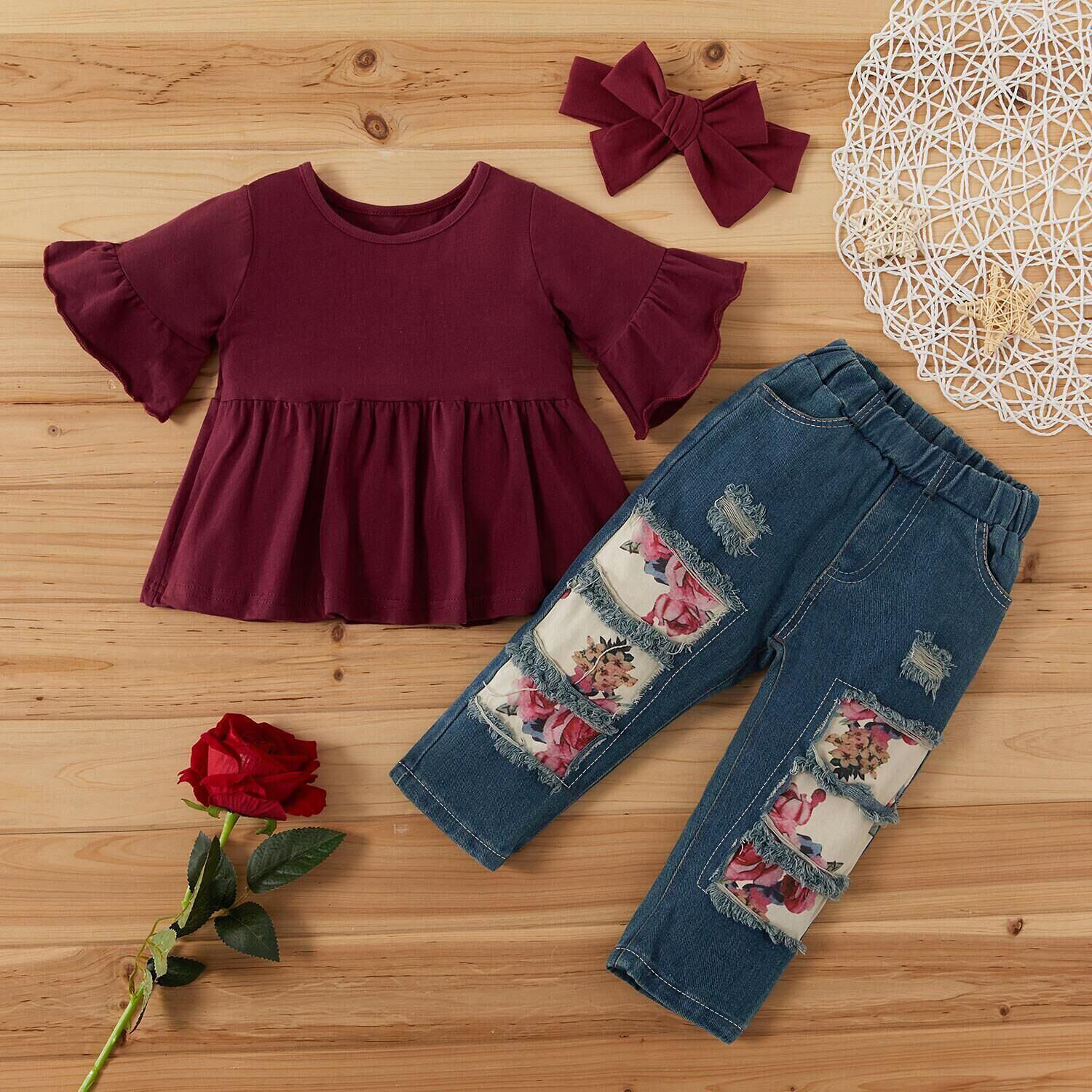 

3-piece Baby / Toddler Girl Casual Solid Top and Floral Jeans with Headband Set