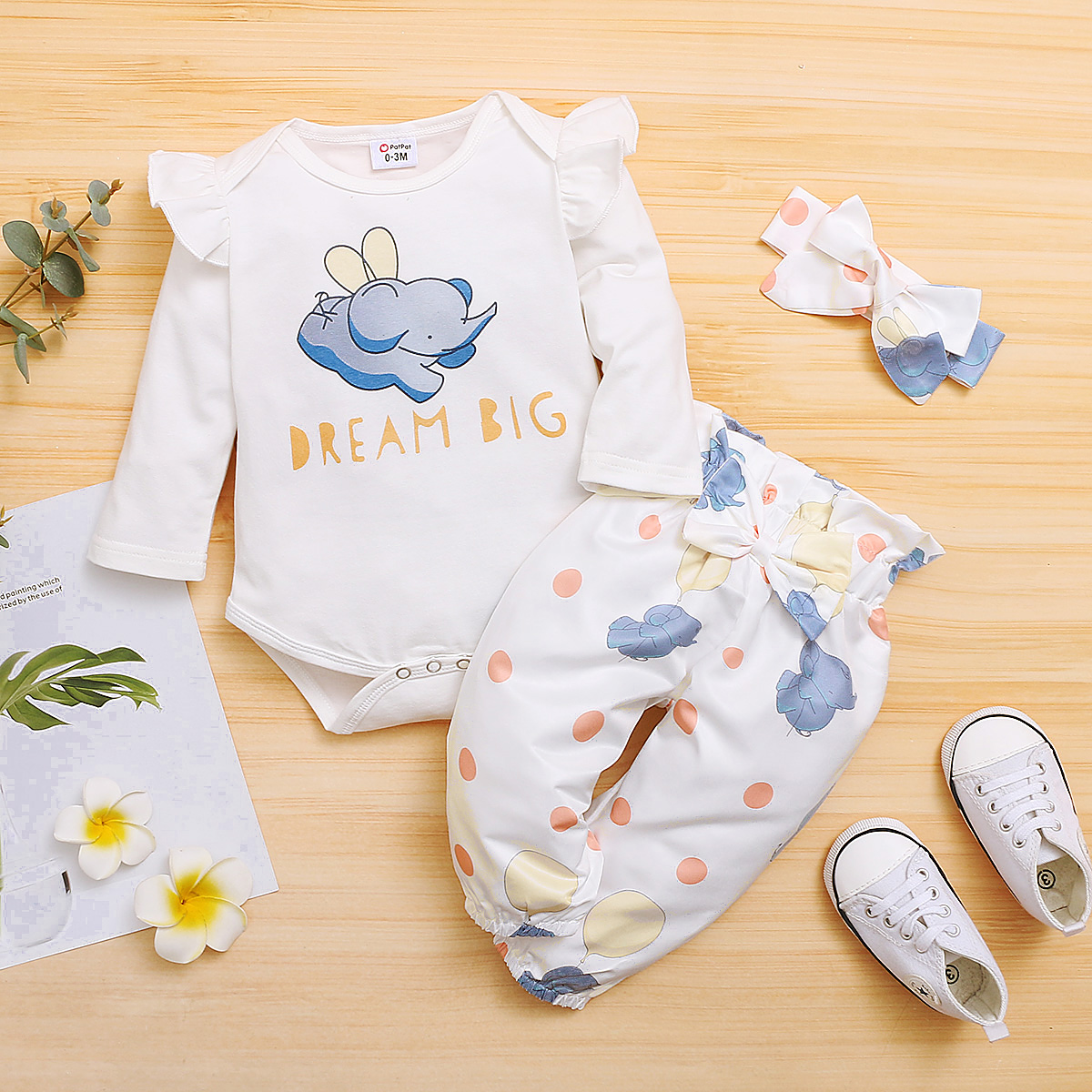 

3pcs Baby Girl Sweet Animal & Elephant Baby's Sets Romper Cotton Fashion Long Sleeve Infant Clothing Outfits