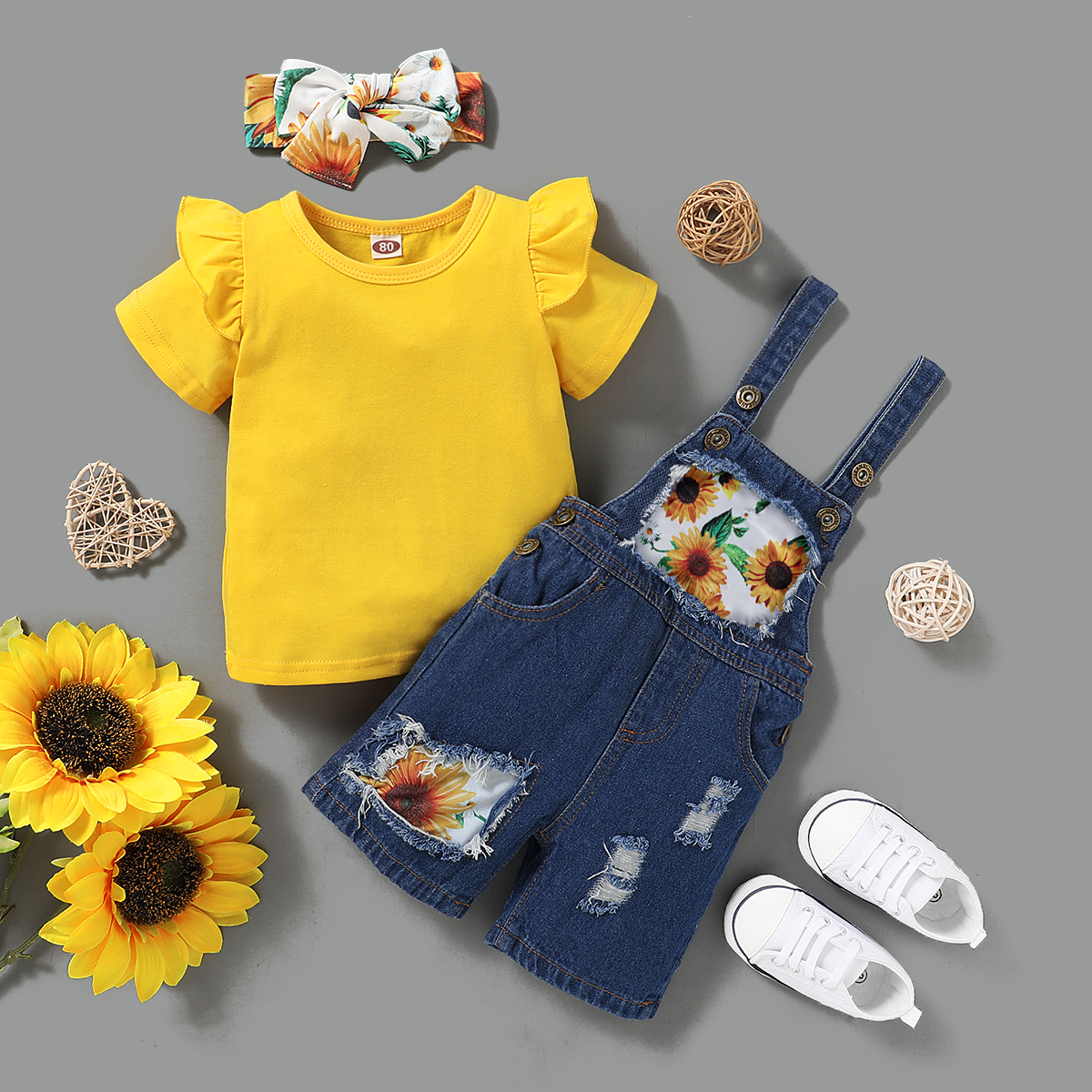

3pcs Baby Girl Sweet Sunflowers Short-sleeve cottonBaby's Sets