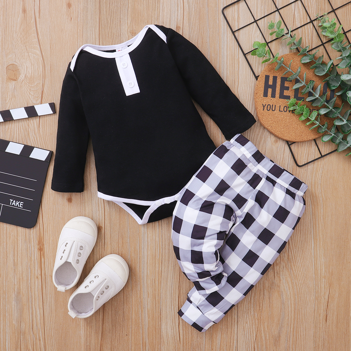 

2pcs Baby Long-sleeve Cotton Romper Unisex casual Plaid Baby's Sets