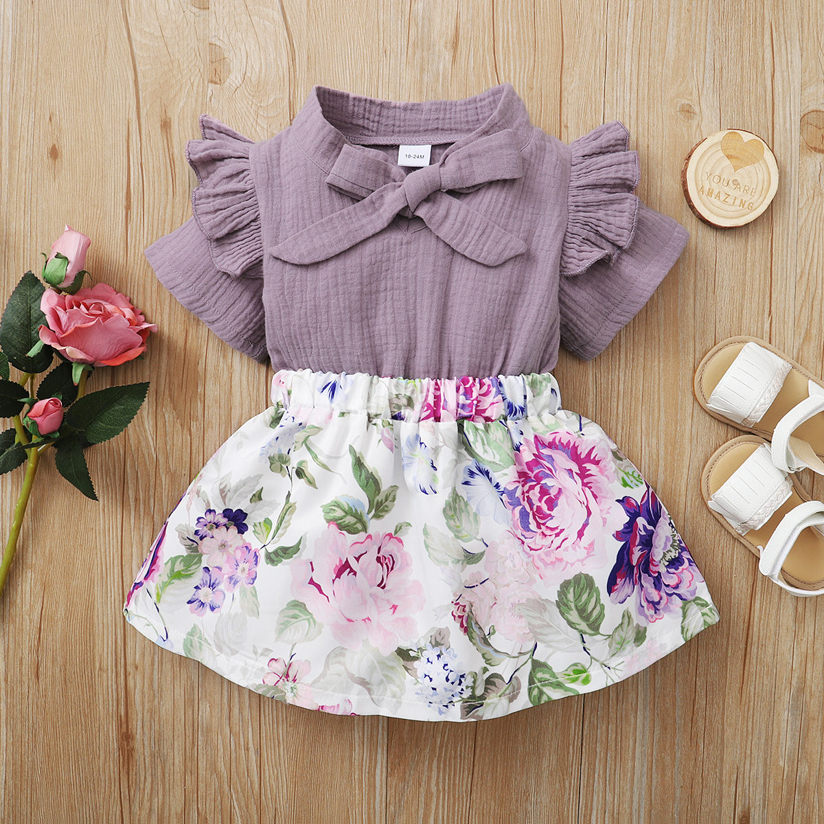 

Baby / Toddler Bowknot Solid Tee and Floral Skirt Set