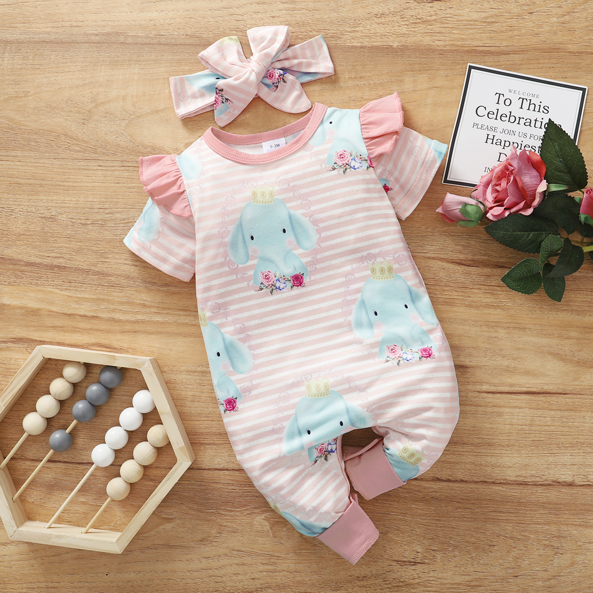 

2pcs Short-sleeve Pink Stripe and Elephant Print Baby Jumpsuit