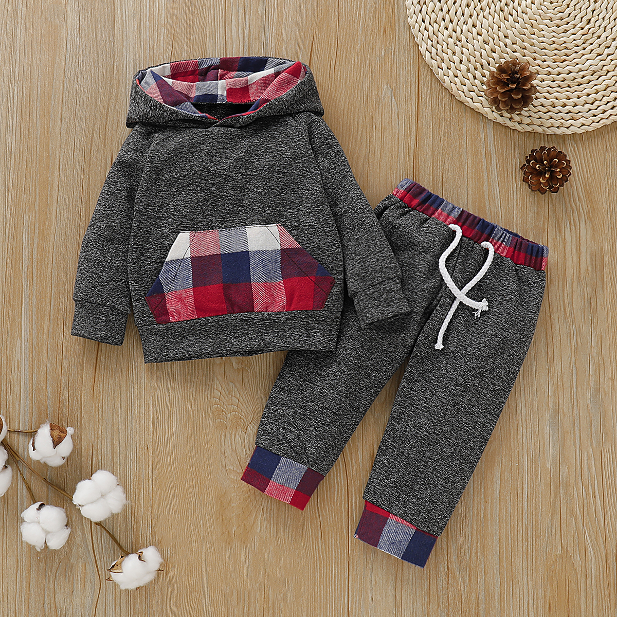 

Baby Boy Trendy Colorful Plaid Long-sleeve Hoodie and Pants Set