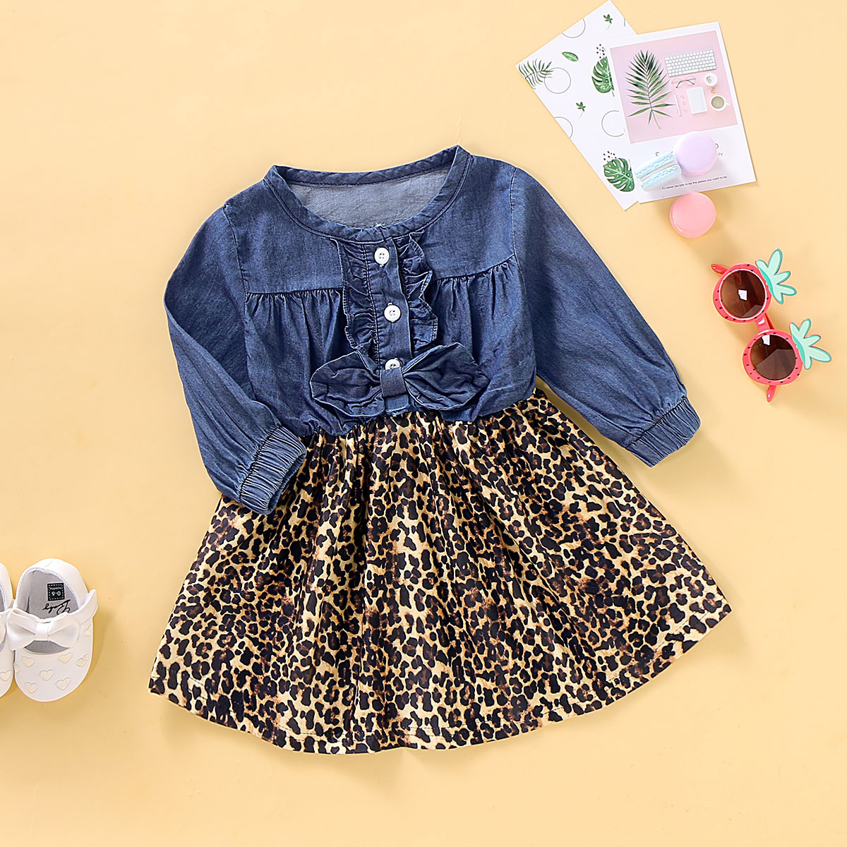 

Baby / Toddler Girl Sweet Denim Splice Leopard Print Long-sleeve Dress