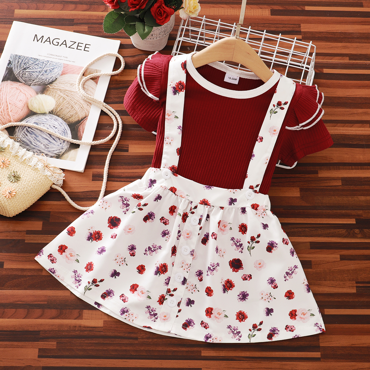 

2-piece Baby / Toddler Solid Tee and Floral Strap Skirt Set