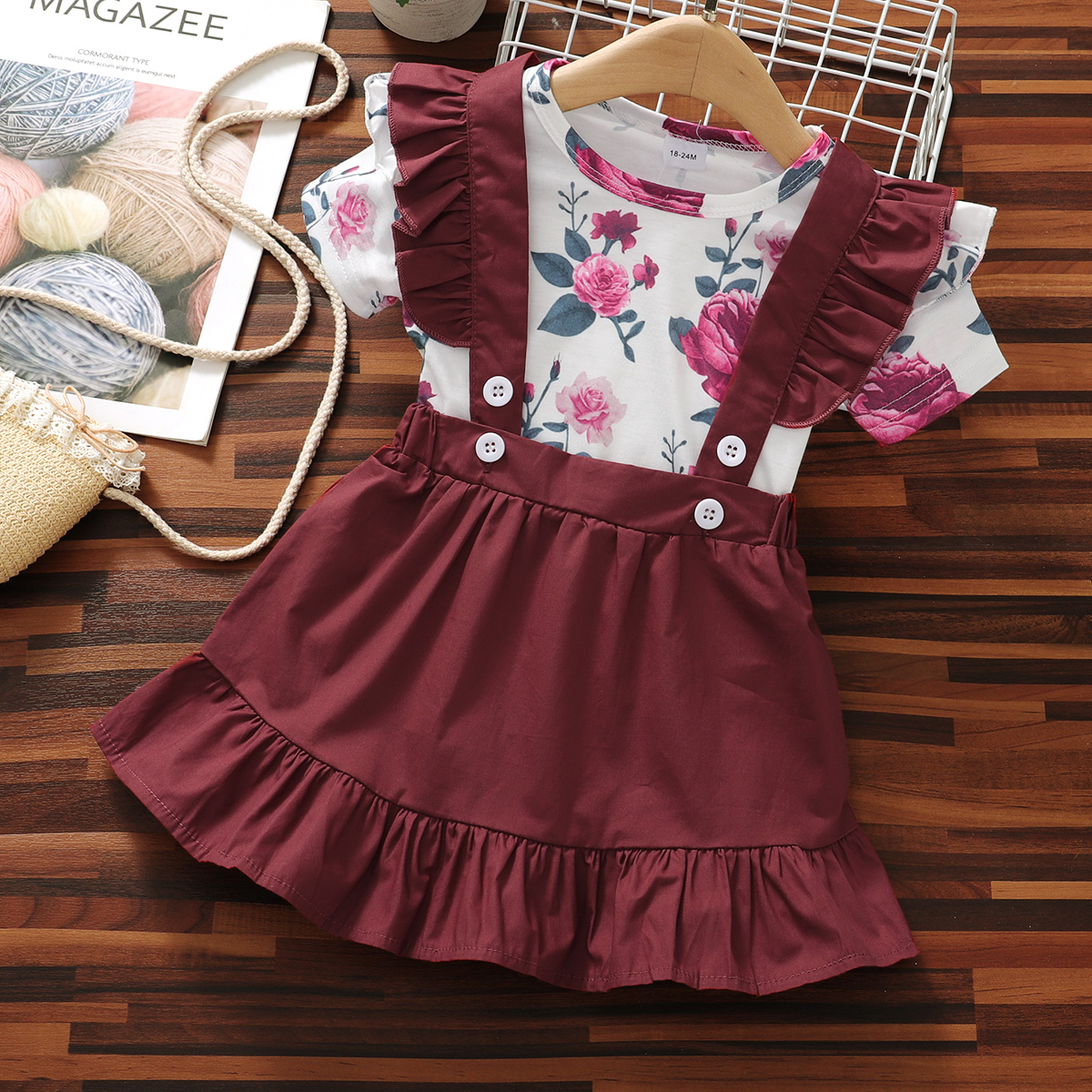 

2-piece Baby/Toddler Girl Floral Top and Ruffled Red Strap Dress