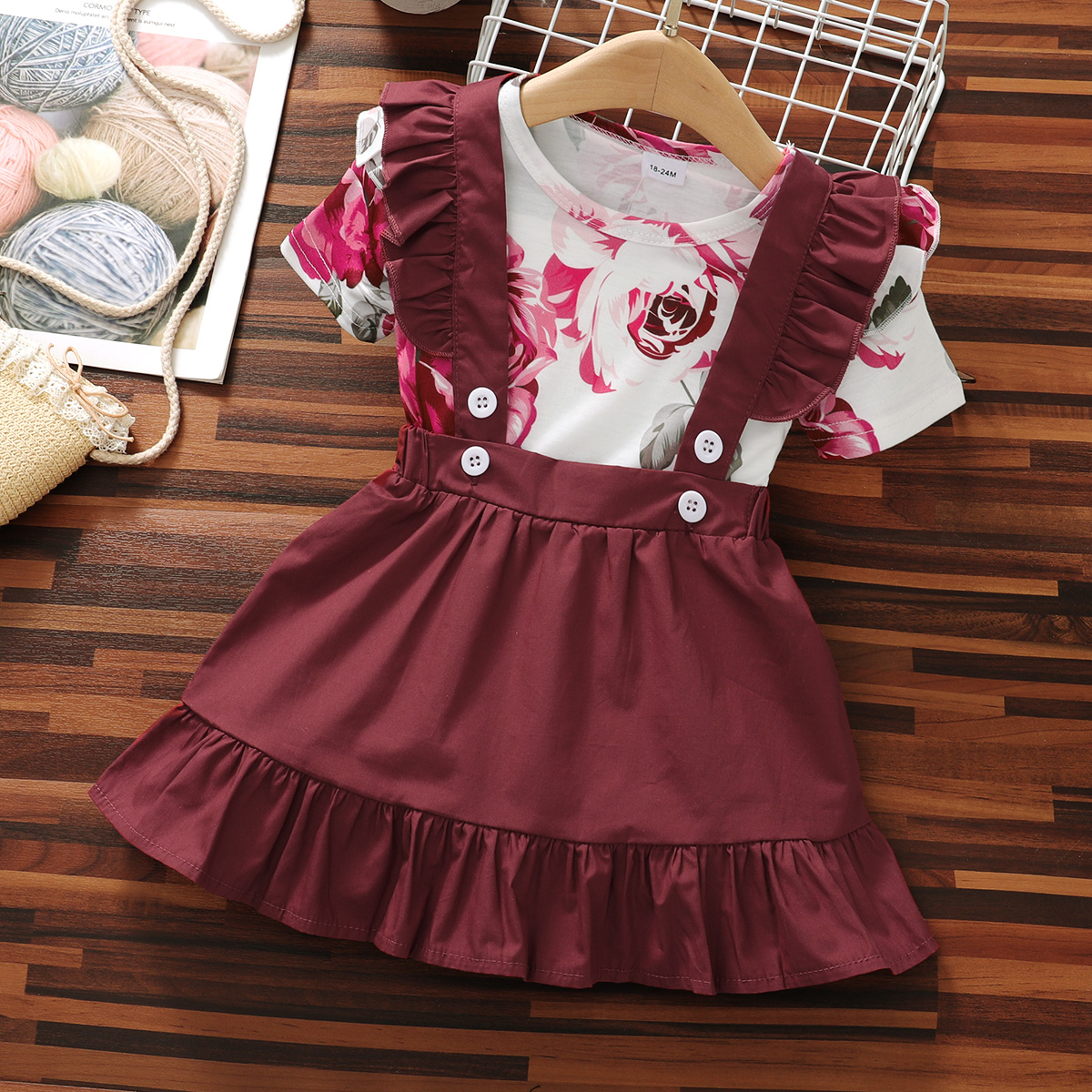

2-piece Baby/Toddler Girl Floral Top and Ruffled Red Strap Dress