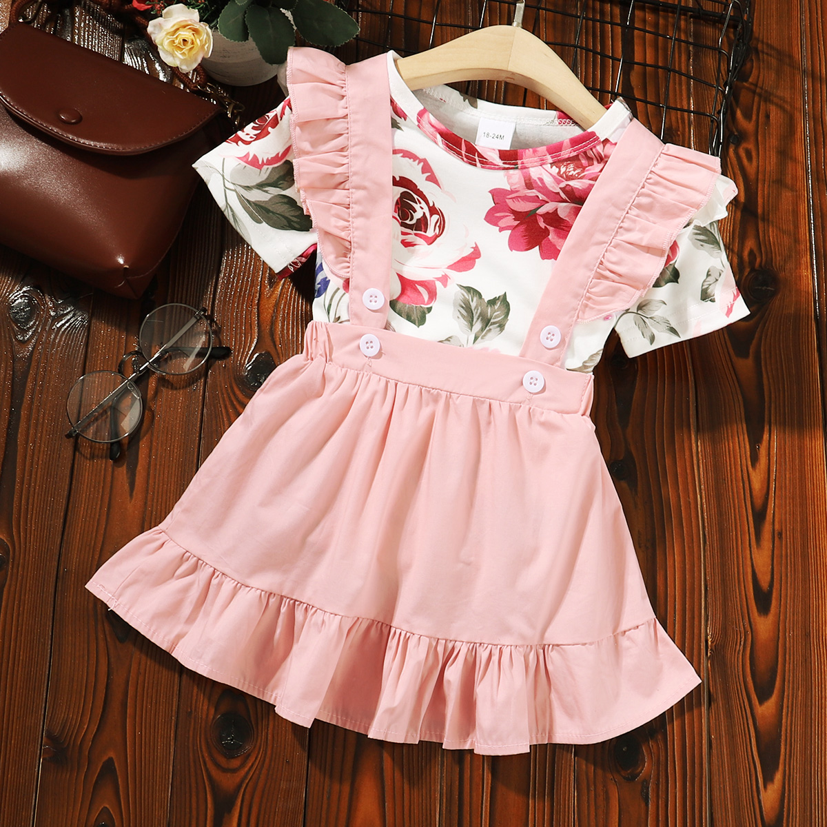 

2-piece Baby/Toddler Girl Floral Top and Ruffled Pink Strap Dress