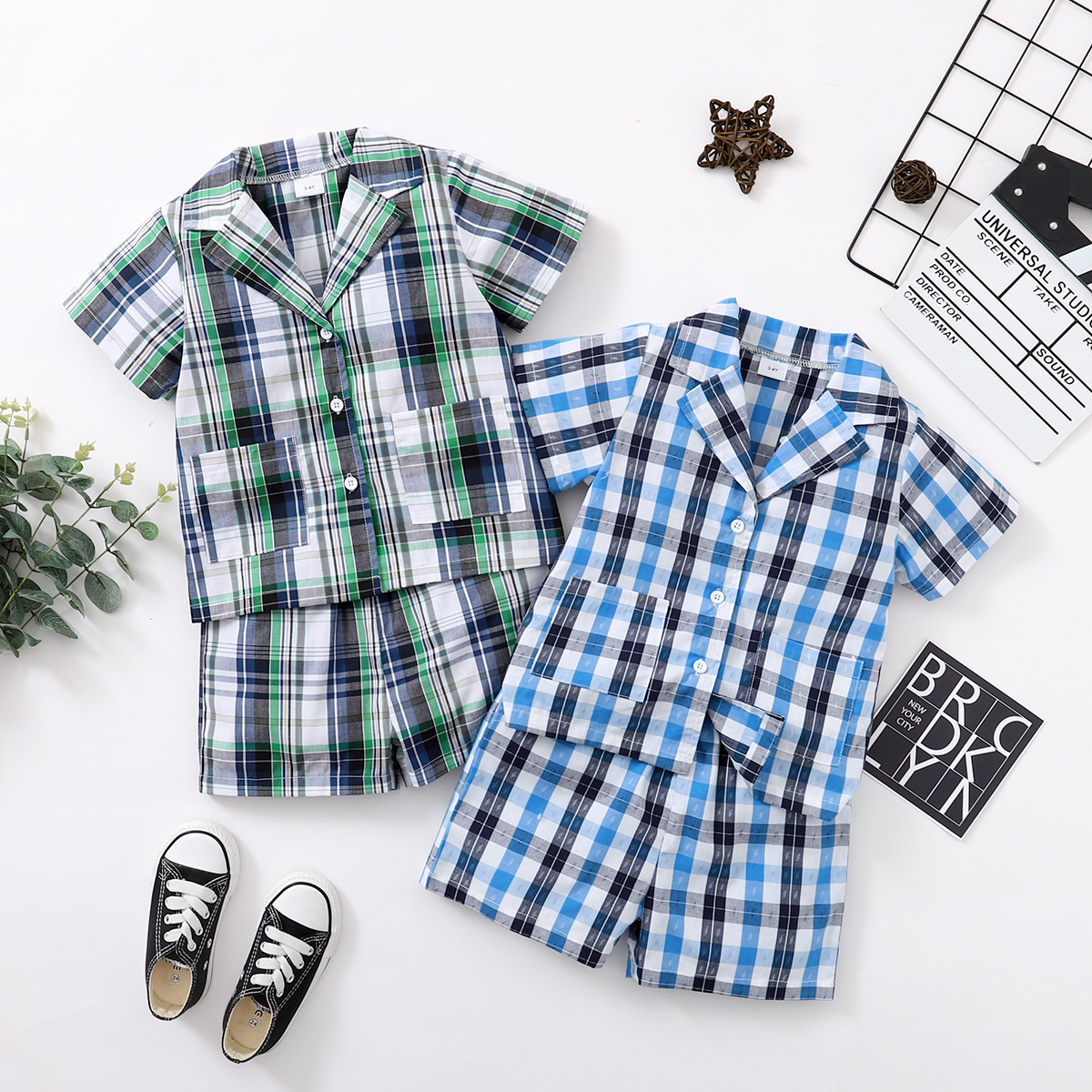 

2-piece Toddler Boy Casual Plaid Shirt and Shorts Set