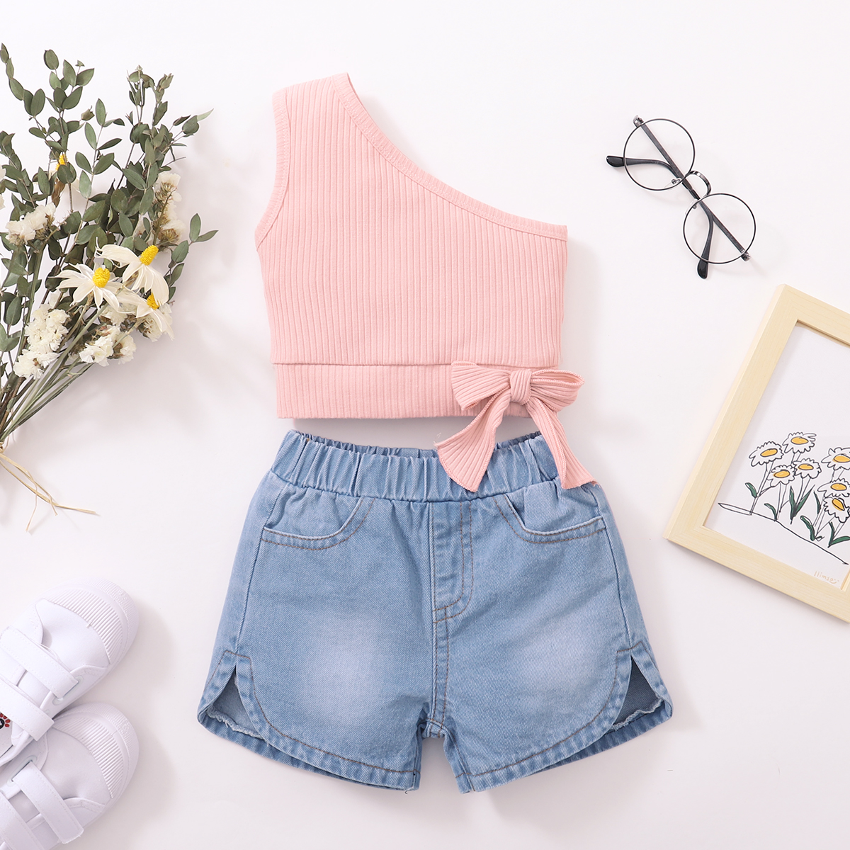 

Ribbed 2pcs Solid Bowknot Decor One Shoulder Baby Set