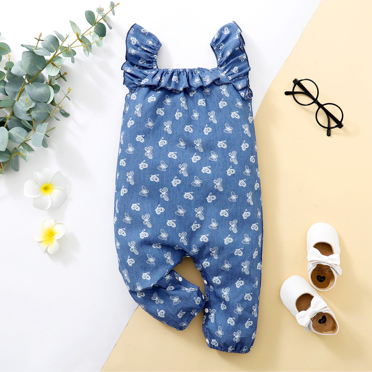 

Denim Butterfly Print Flutter-sleeve Blue Baby Jumpsuit