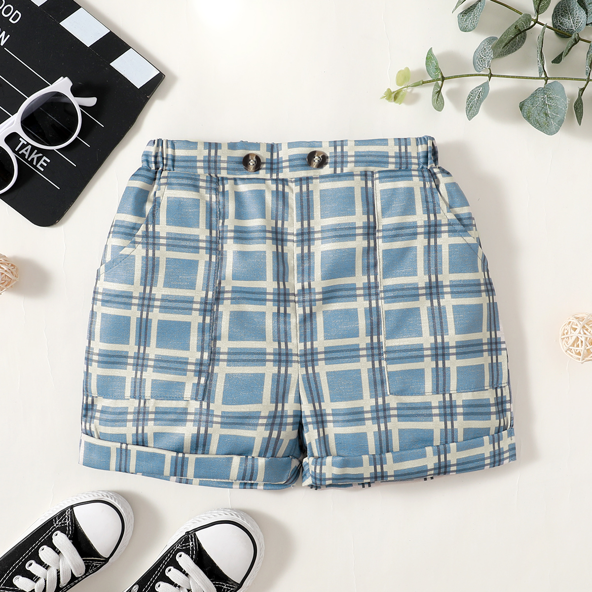 

Toddler Girl/Boy Blue Plaid Print Shorts with Pocket