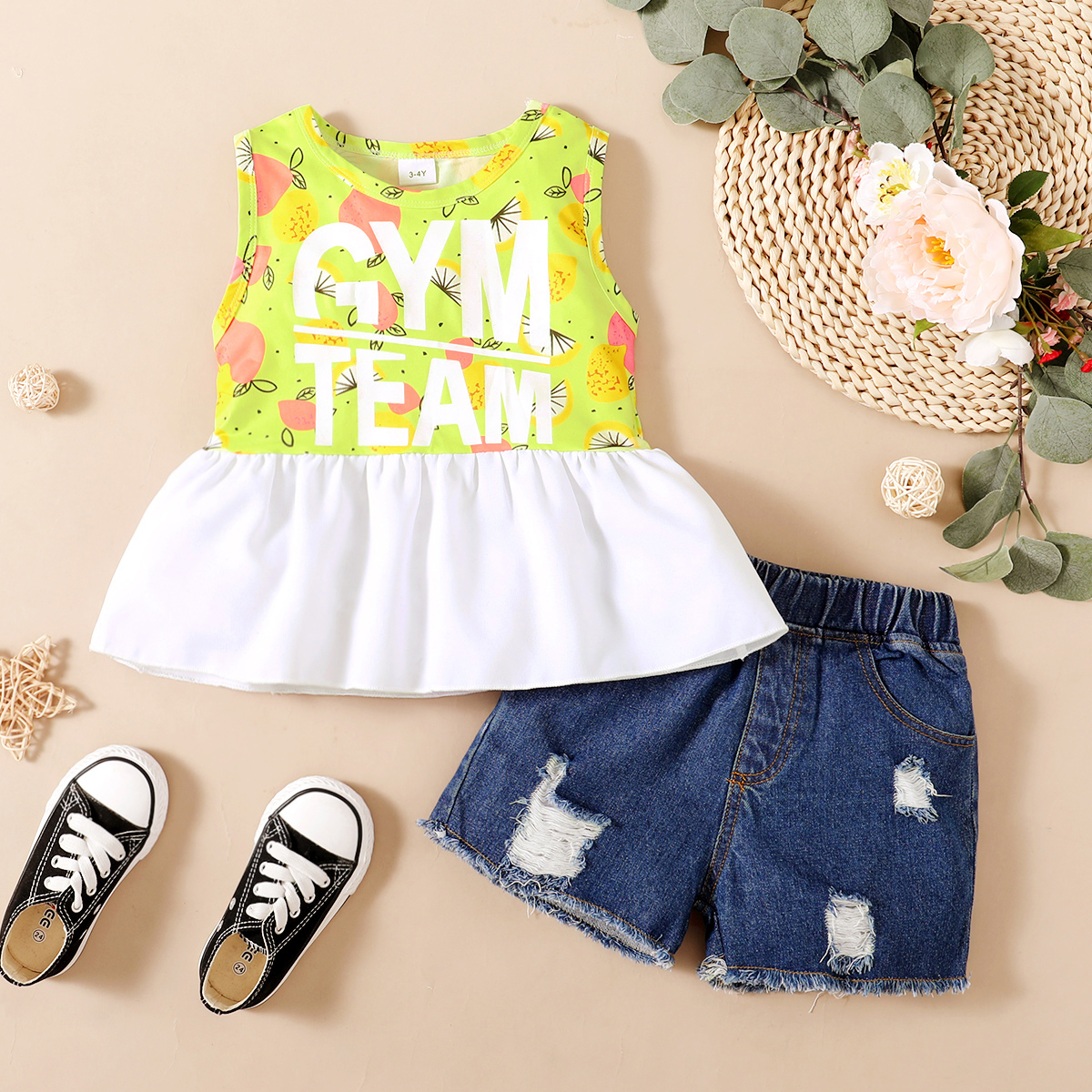 

2-piece Toddler Girl Letter Fruit Print Top and Denim Shorts Set