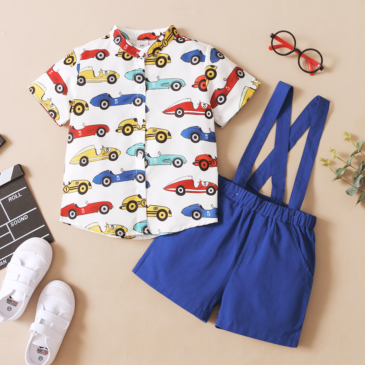 

2-piece Toddler Boy Car Print Button Down Short-sleeve Shirt and Solid Suspender Shorts Set