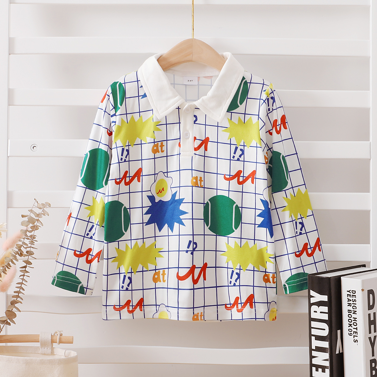 

Toddler Boy Plaid Ball Print Colorblock Long-sleeve Polo Shirt