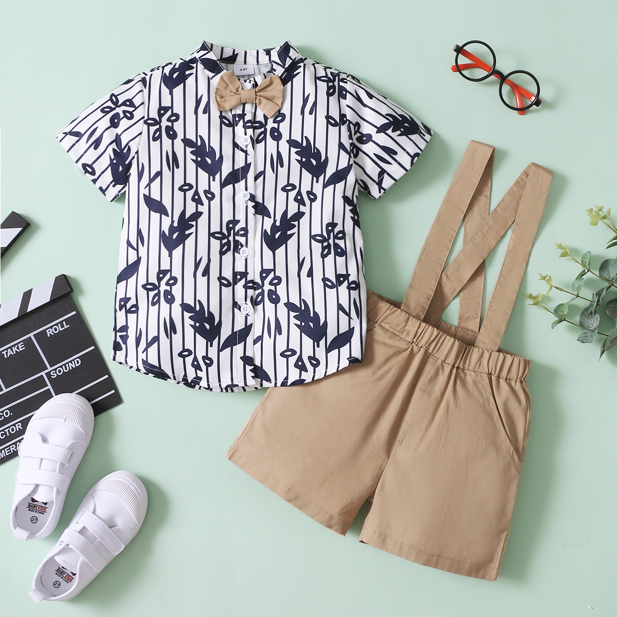 

2-piece Toddler Boy Gentleman Suits, Leaf Print Striped Button Down Short-sleeve Shirt with Bow Tie and Solid 100% Cotton Suspender Shorts Set