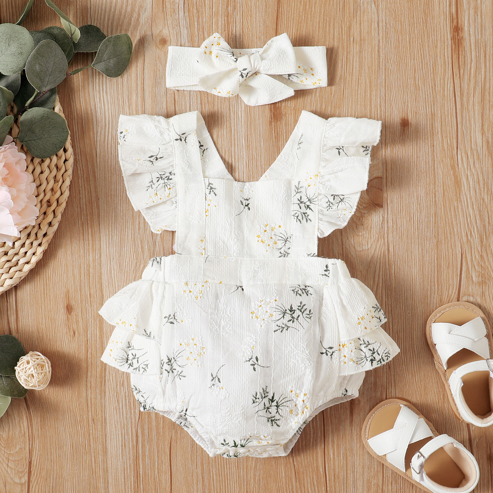

100% Cotton Floral Print Flutter-sleeve Baby Romper Set