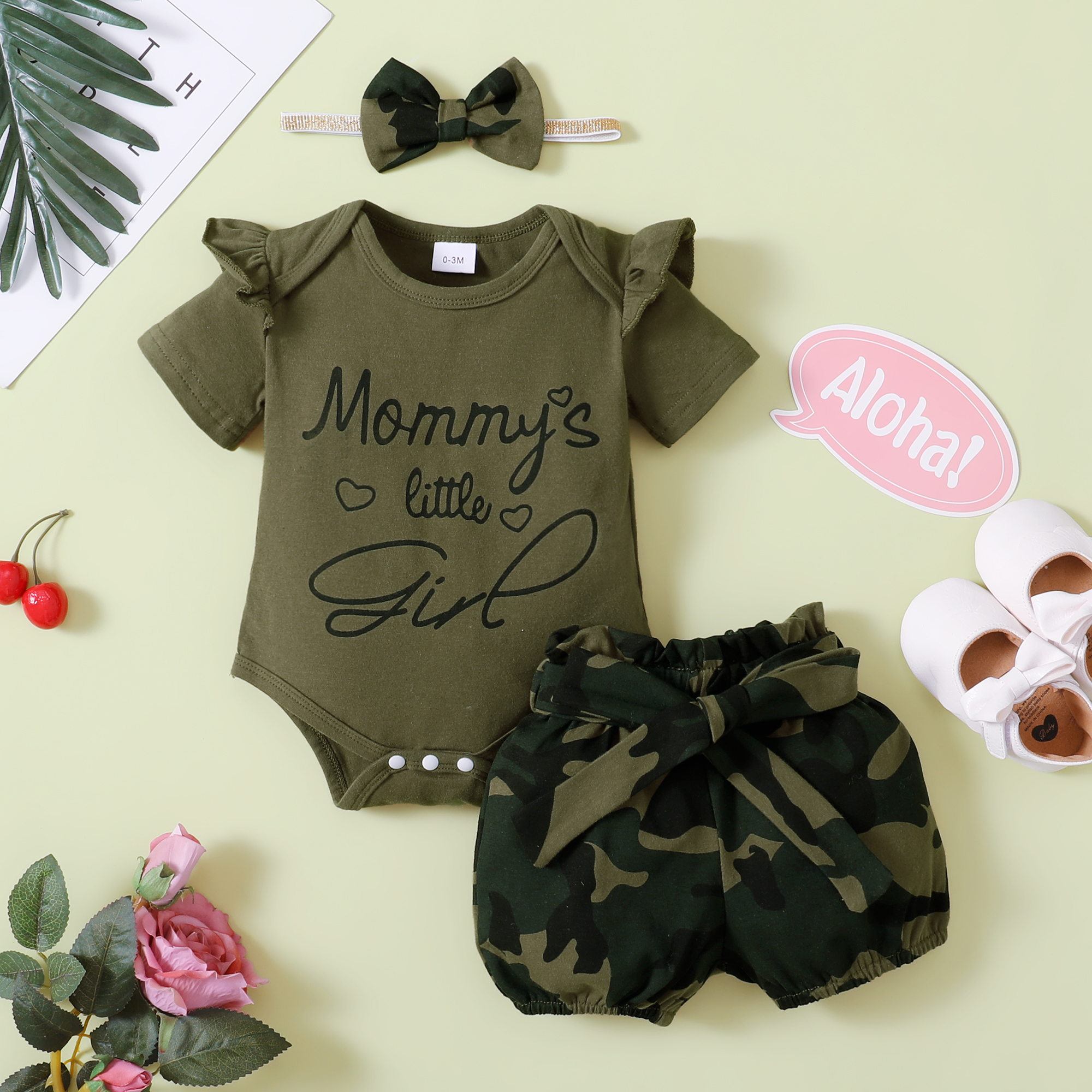 

3pcs Letter and Camouflage Print Short-sleeve Green Baby Set