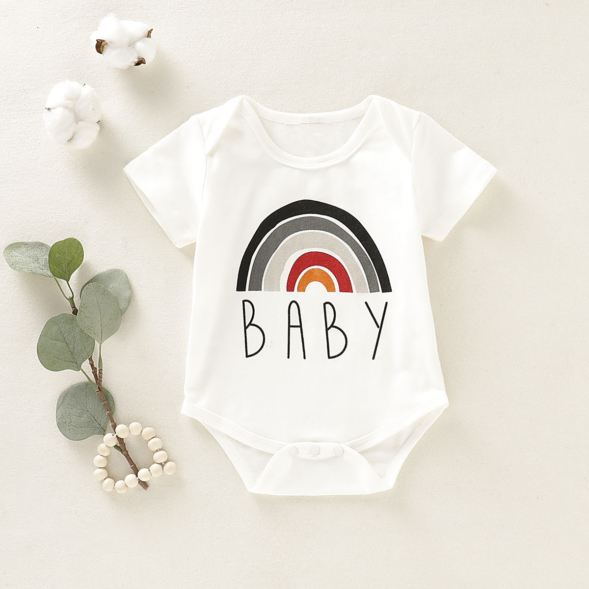 

Rainbow and Letter Print Short-sleeve White Baby Romper