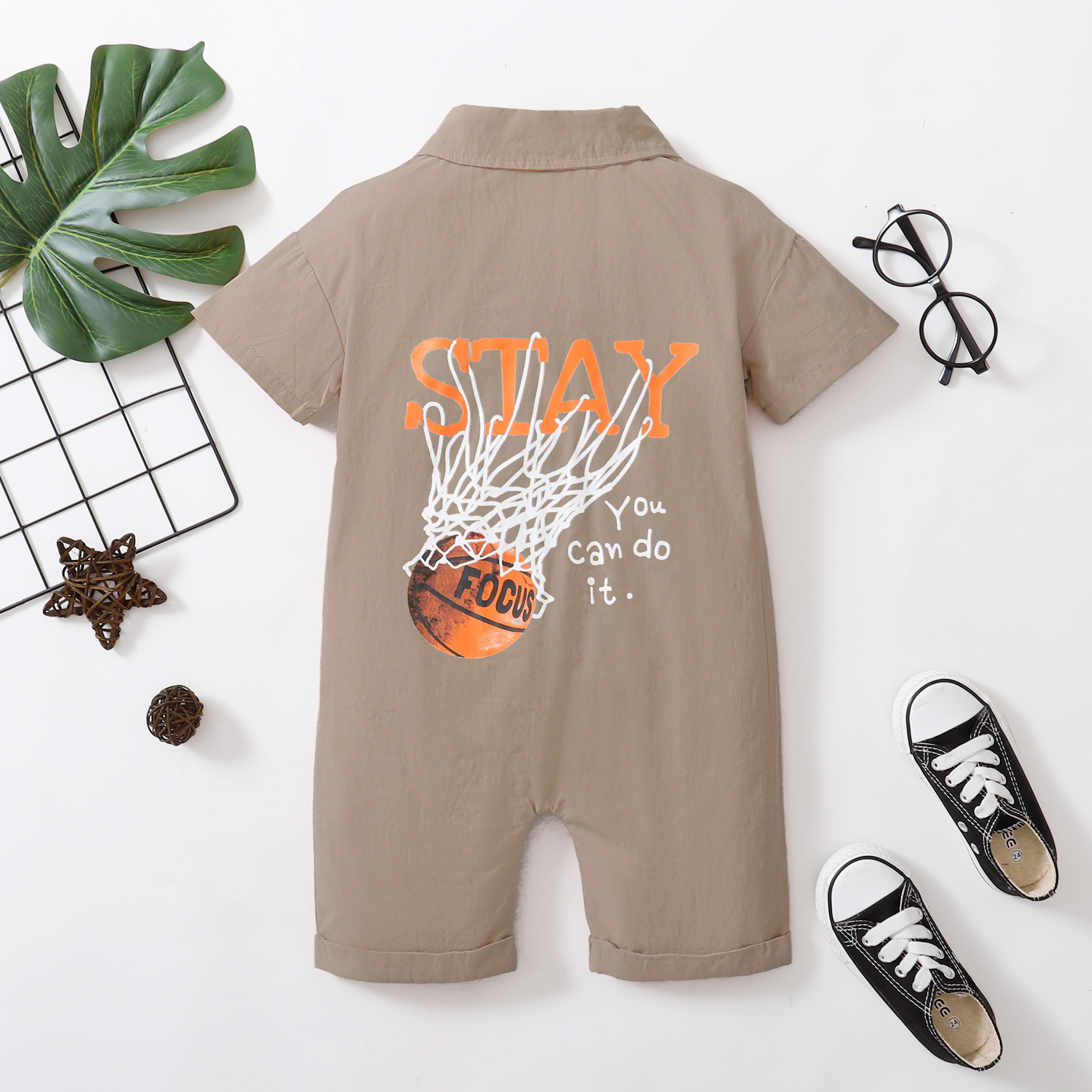 

Toddler Boy 100% Cotton Lapel Collar Button Design Back Basketball Letter Print Short-sleeve Solid Jumpsuit with Pocket