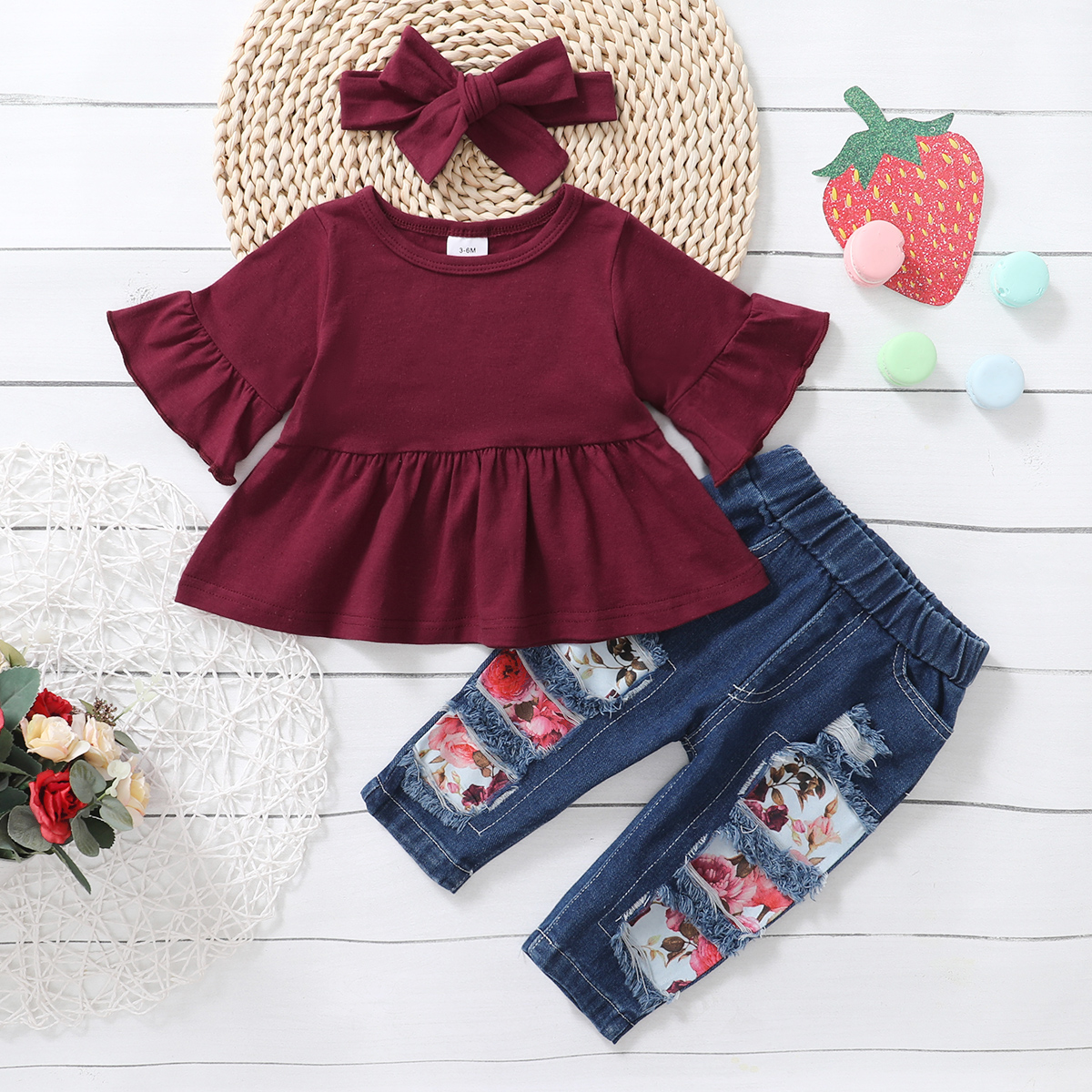 

3pcs Floral Print Half-sleeve Crimson Baby Set