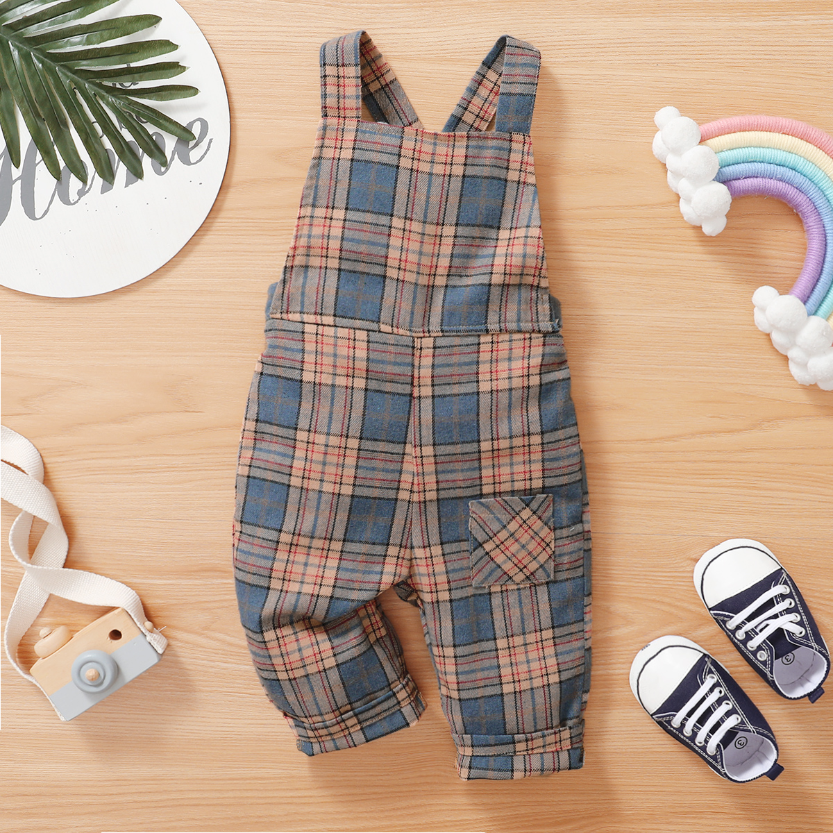 

Plaid Print Color Block Pocket Decor Baby Overalls