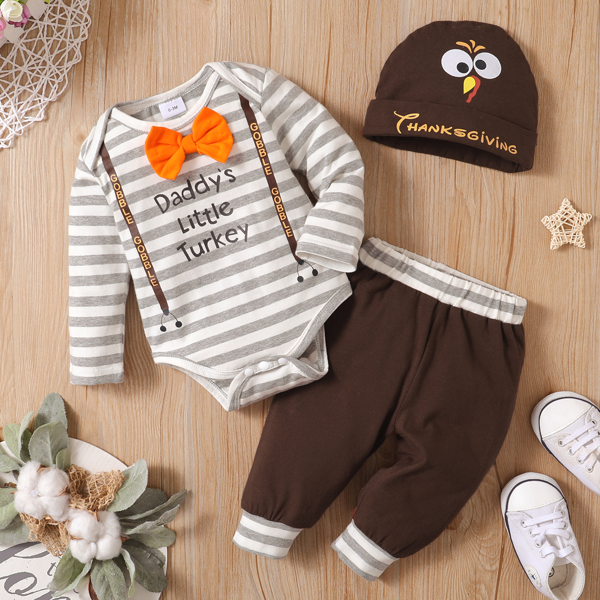 

3pcs Letter and Stripe Long-sleeve Bowknot Baby Romper Set