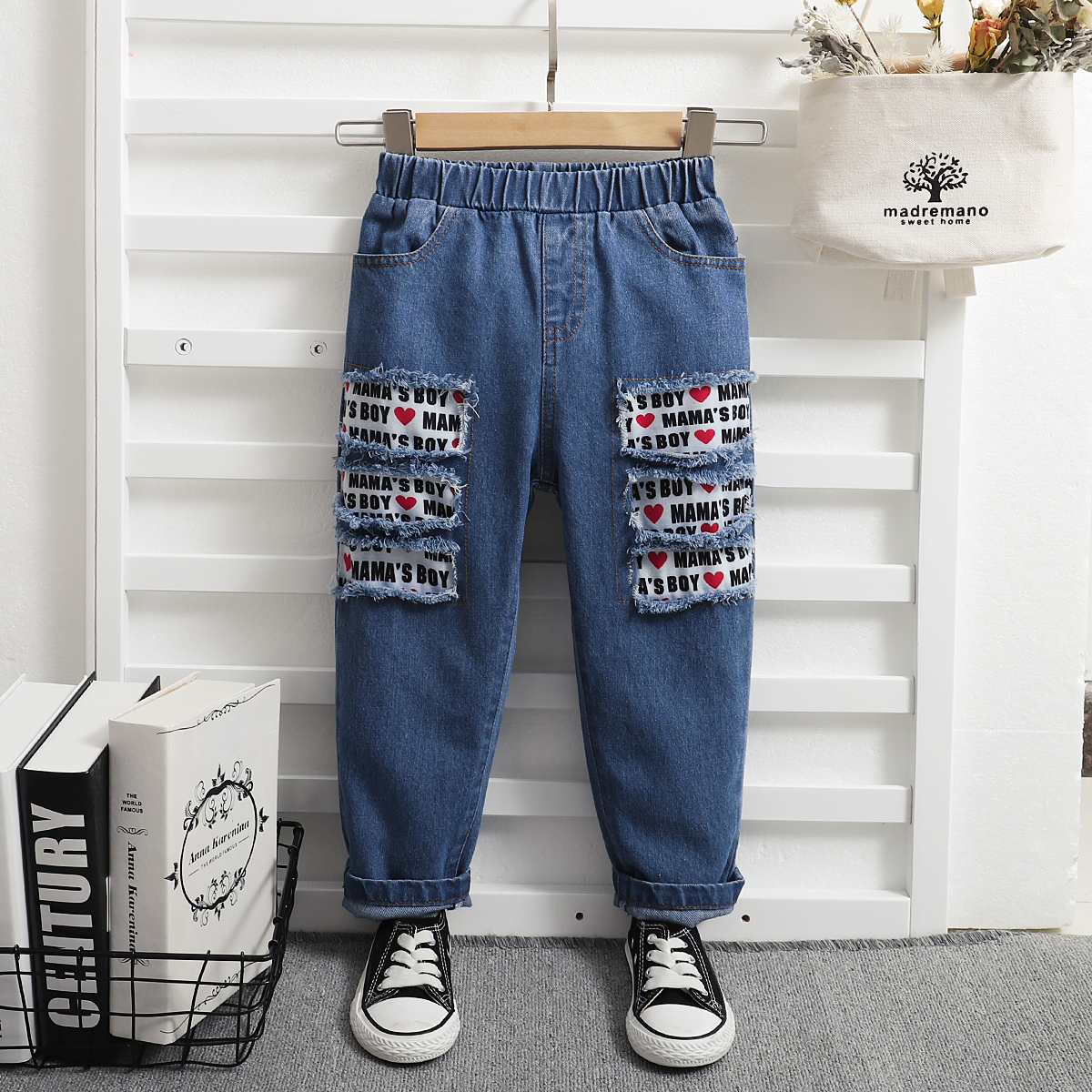 

Toddler Boy Letter Print Elasticized Ripped Denim Pants Jeans with Pocket