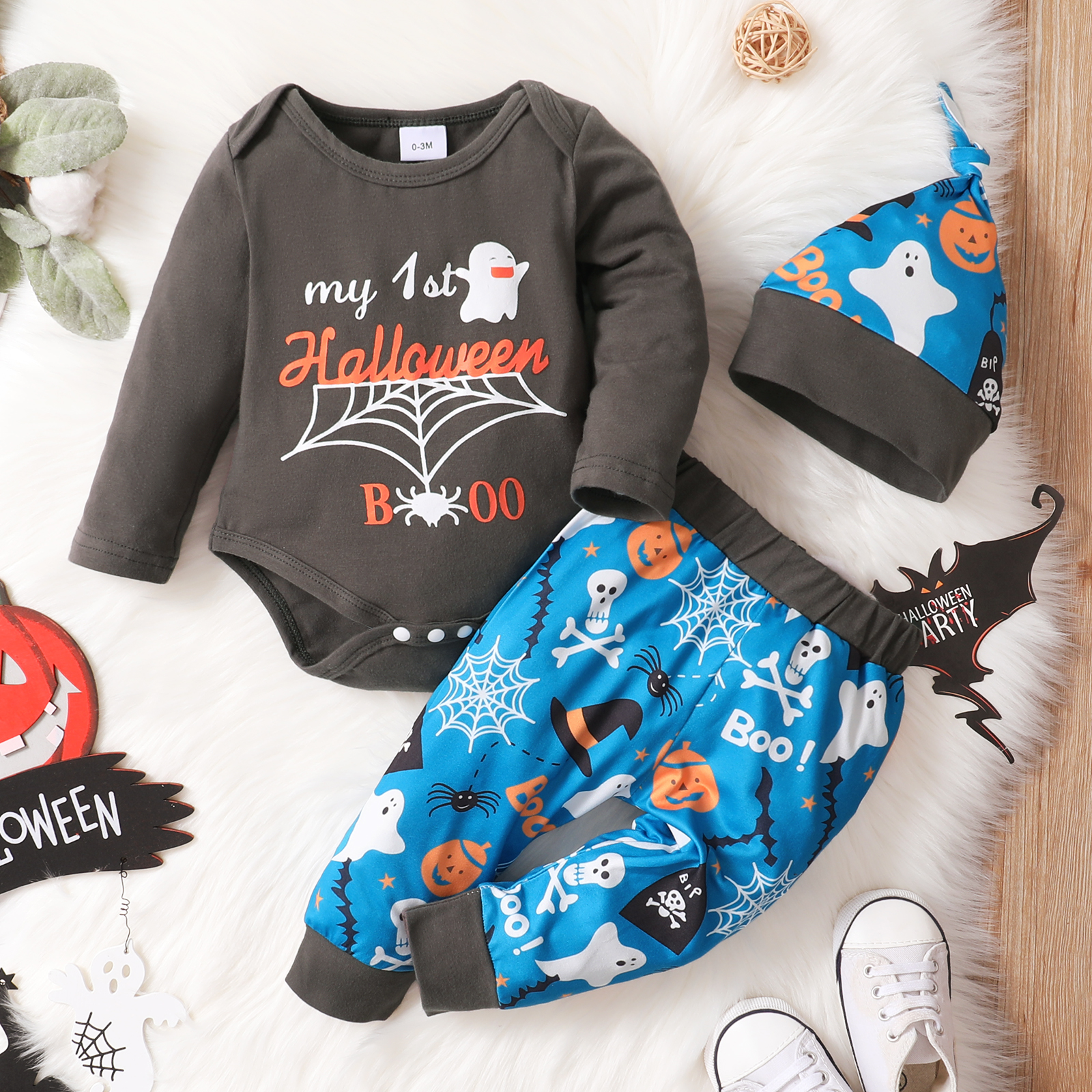 

Baby 3pcs Halloween Ghost and Letter Print Long-sleeve Romper Set