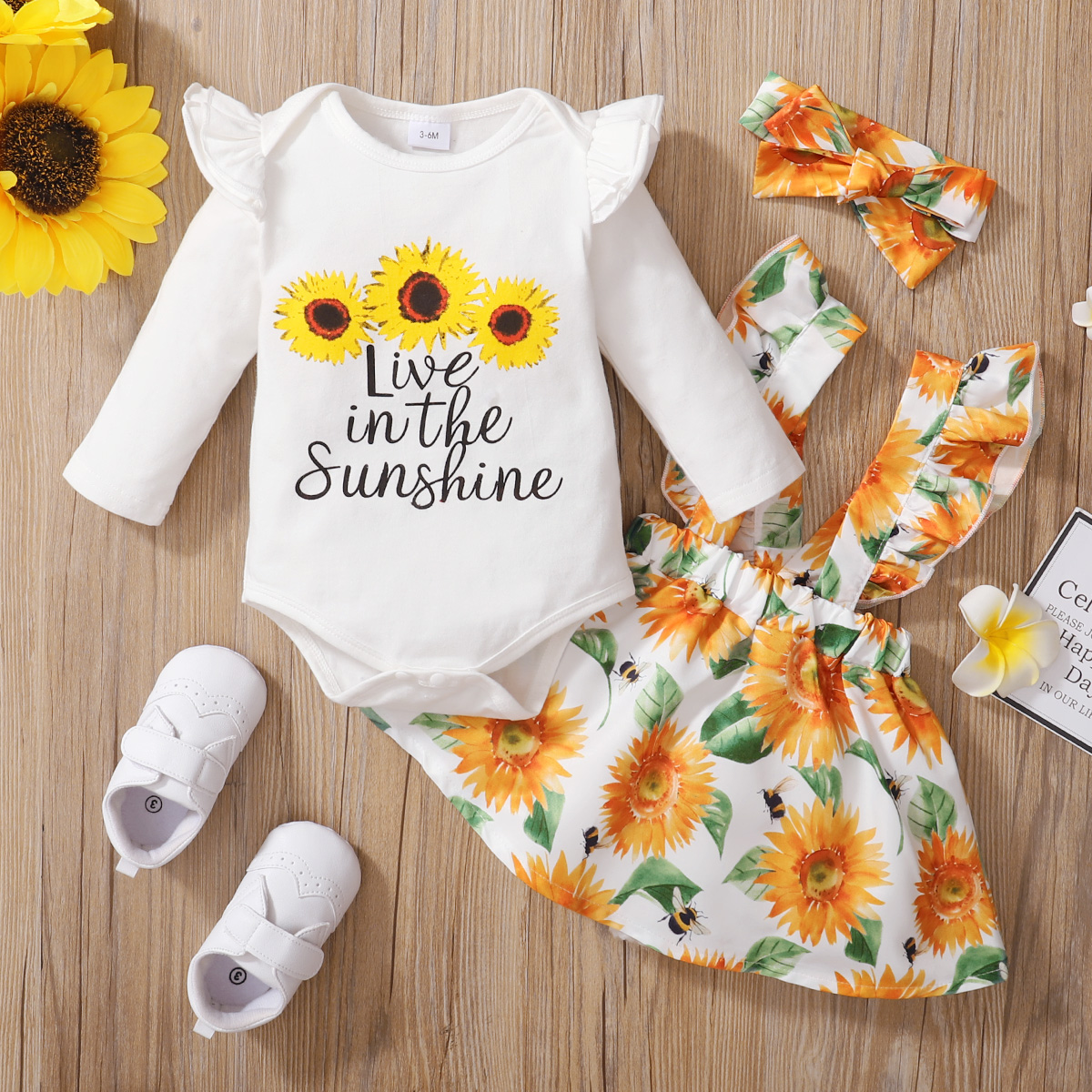 

Baby 3pcs Letters and Sunflowers Floral Print Ruffle Long-sleeve Romper and Suspender Skirt Set