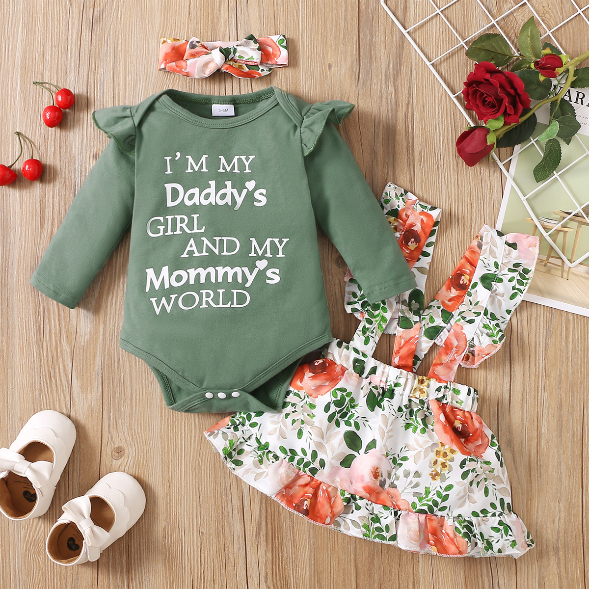 

3pcs Letter and Floral Print Baby Romper Suspender Skirt Set