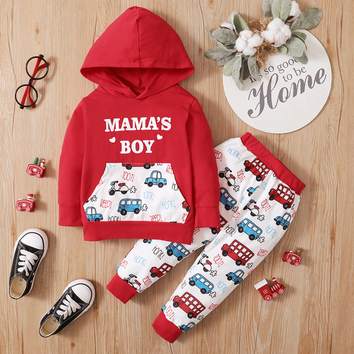 

2pcs Baby Cartoon Car and Letter Print Red Long-sleeve Hoodie and Trousers Set