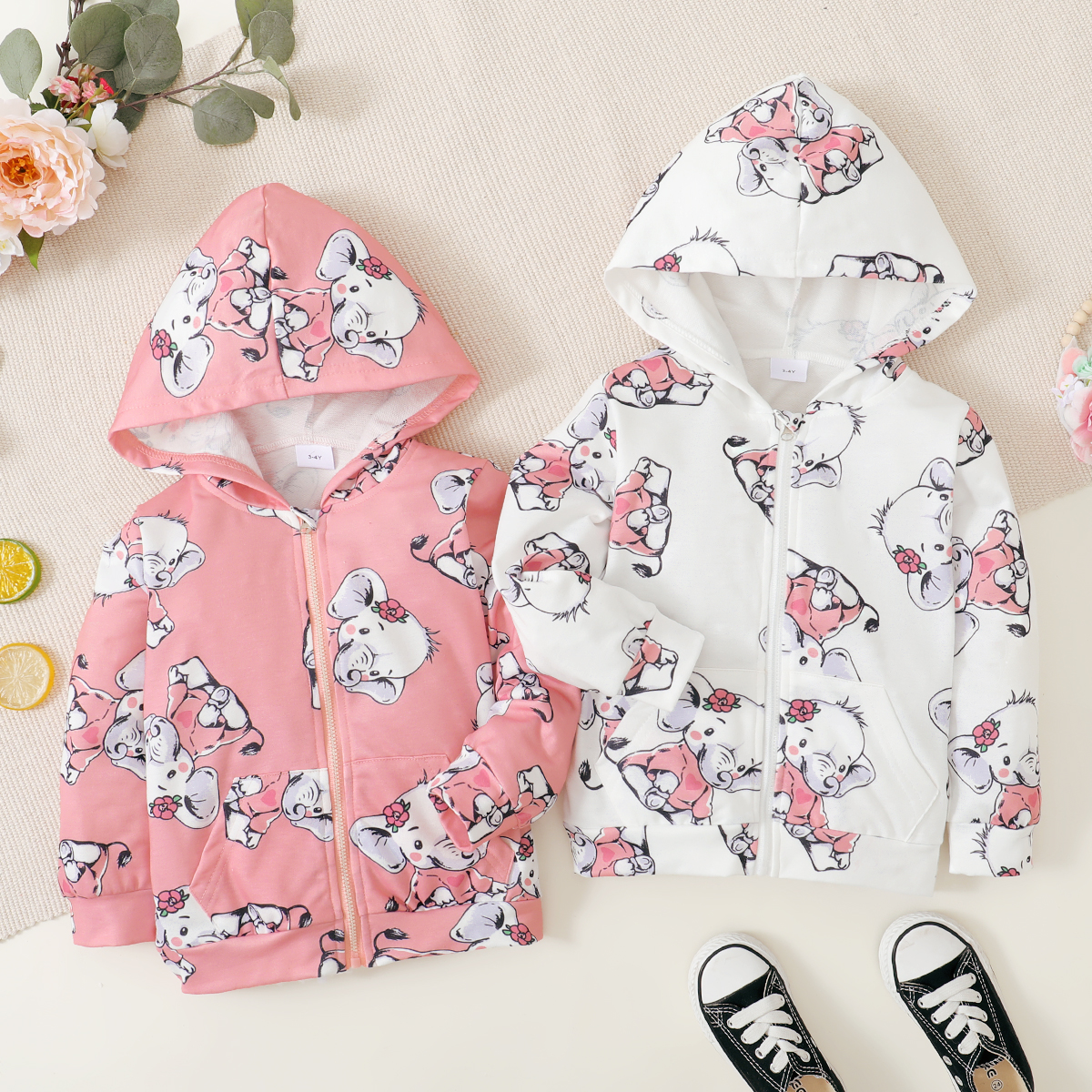 

Toddler Girl Elephant Print Zipper Hooded Jacket