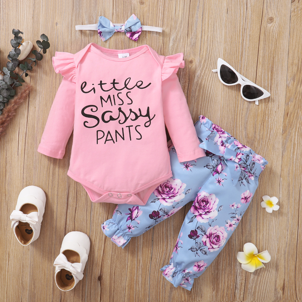 

3pcs Baby Letter print Ruffle Long-sleeve Cotton Romper and Floral Print Trousers Set