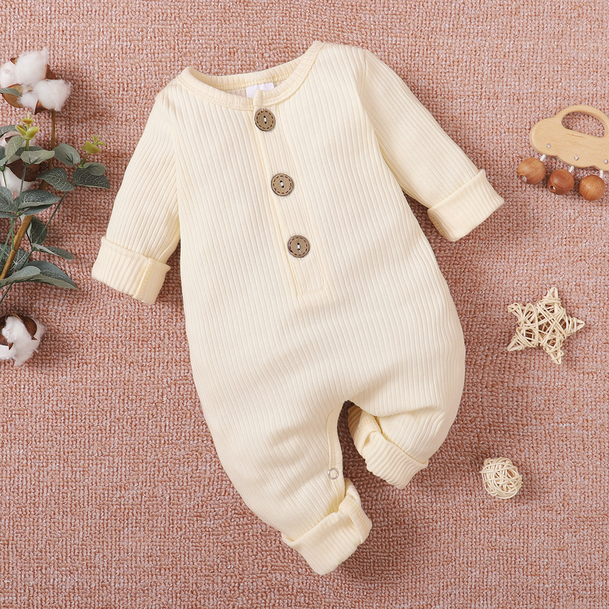 

Solid Ribbed Button Down Baby Long-sleeve Cotton Jumpsuit