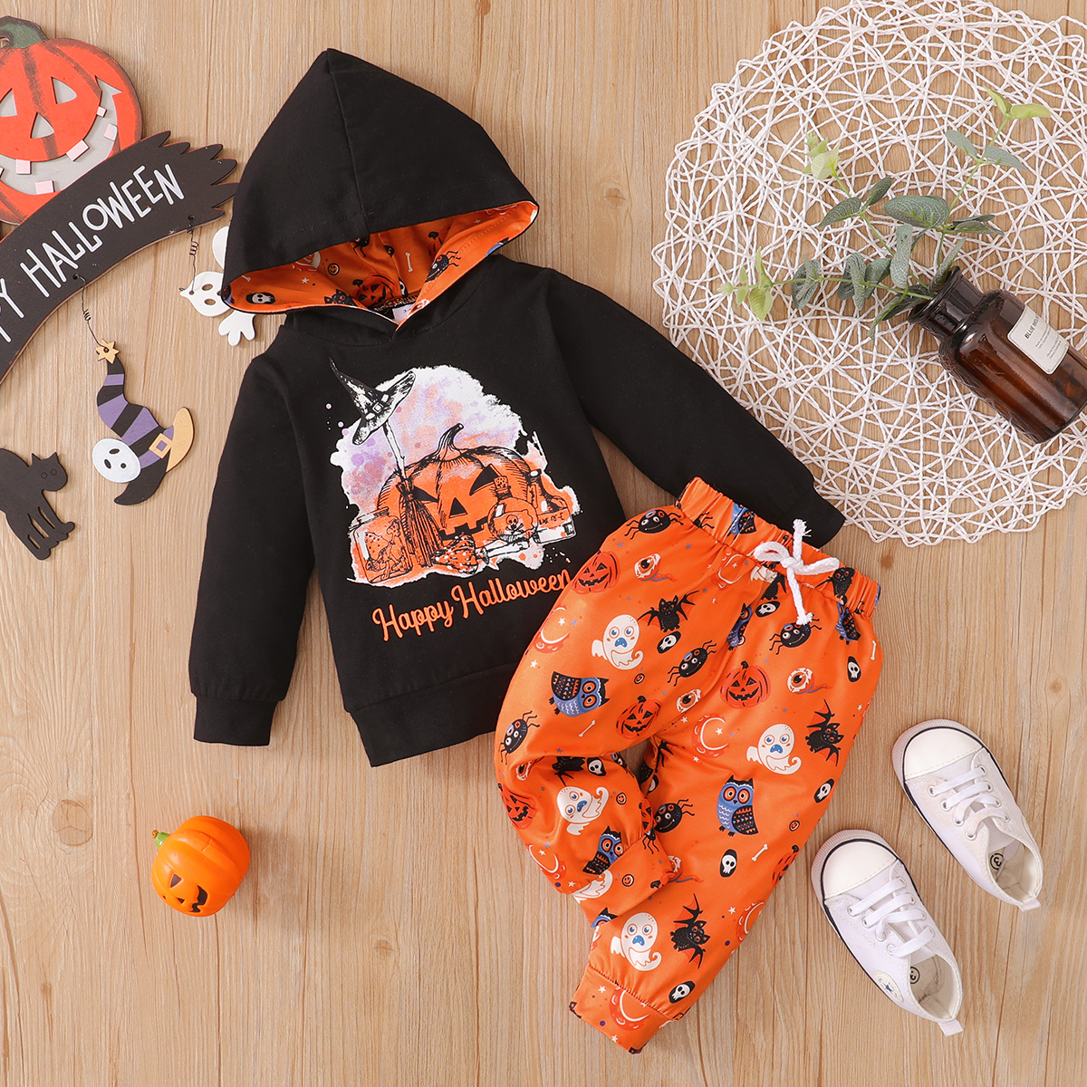 

Halloween 2pcs Pumpkin and Letter Print Baby Cotton Long-sleeve Hoodie and Trousers Set