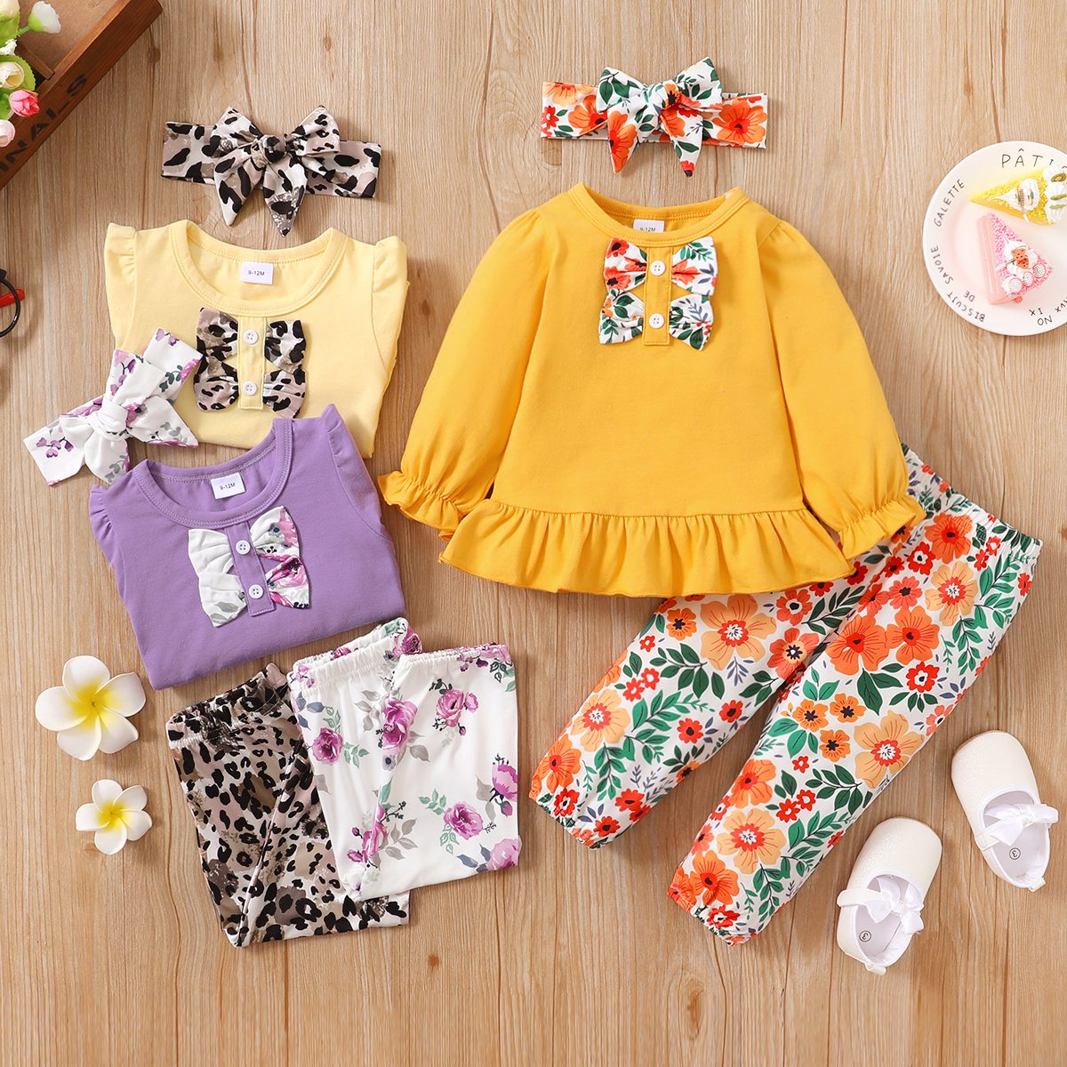 

3pcs Baby Solid Long-sleeve Ruffle Top and Floral Print Trousers Set
