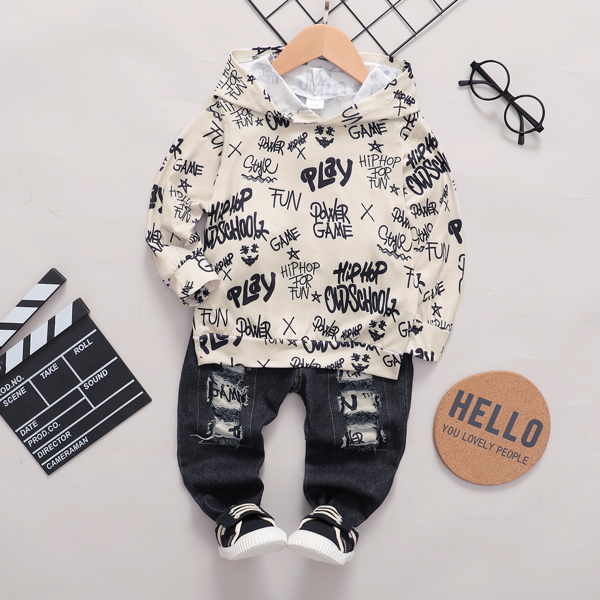

2-piece Toddler Girl/Boy Letter Print Hoodie Sweatshirt and Patchwork Ripped Denim Jeans Set