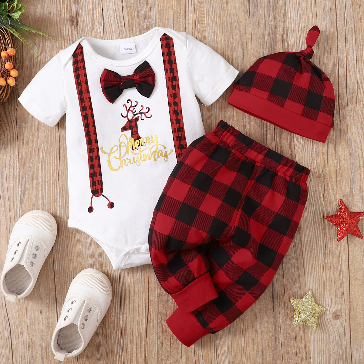 

Christmas 3pcs Baby Reindeer and Letter Print Cotton Short-sleeve Romper and Red Plaid Trousers Set