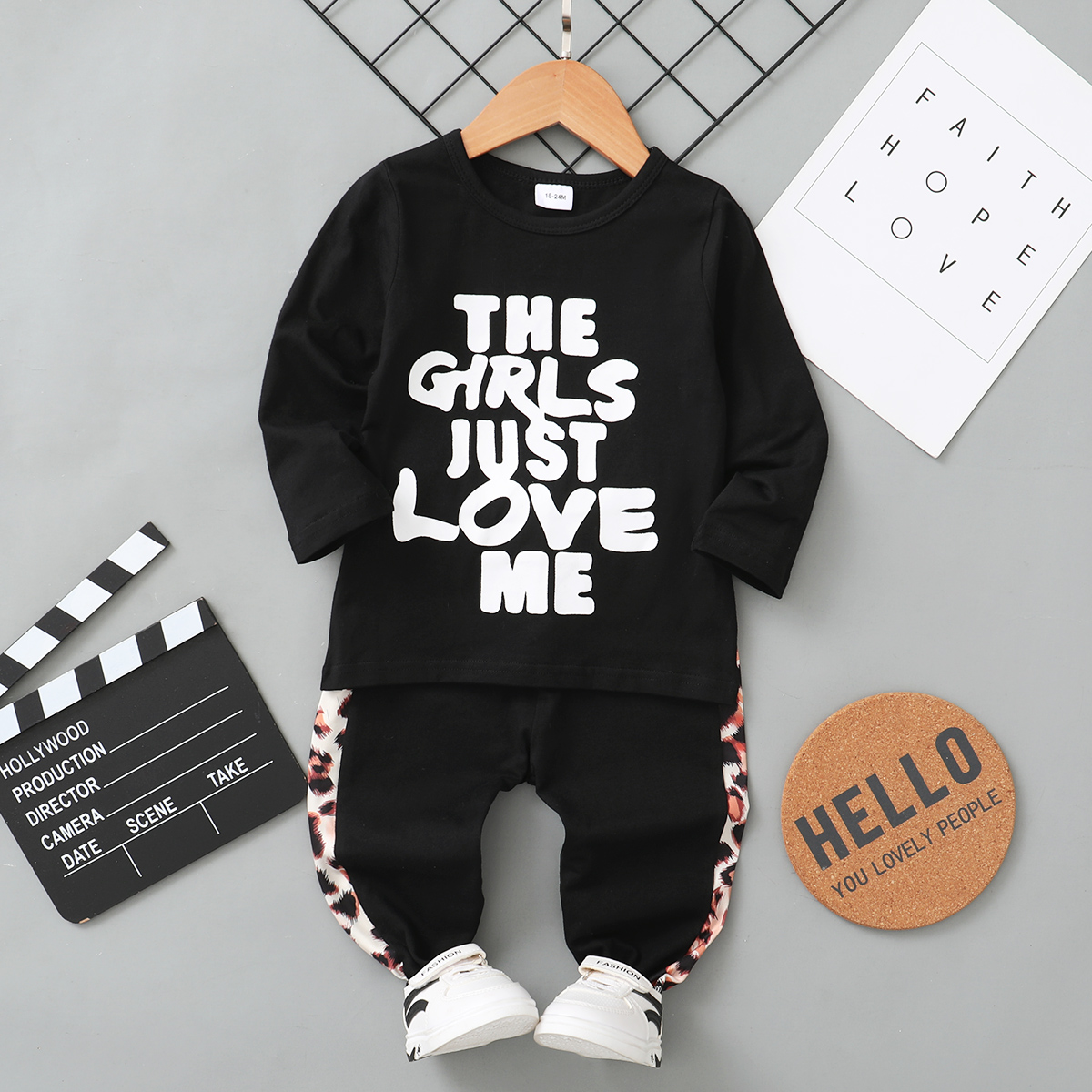 

2-piece Toddler Boy Casual Letter Print Long-sleeve Tee and Leopard Print Pants Set