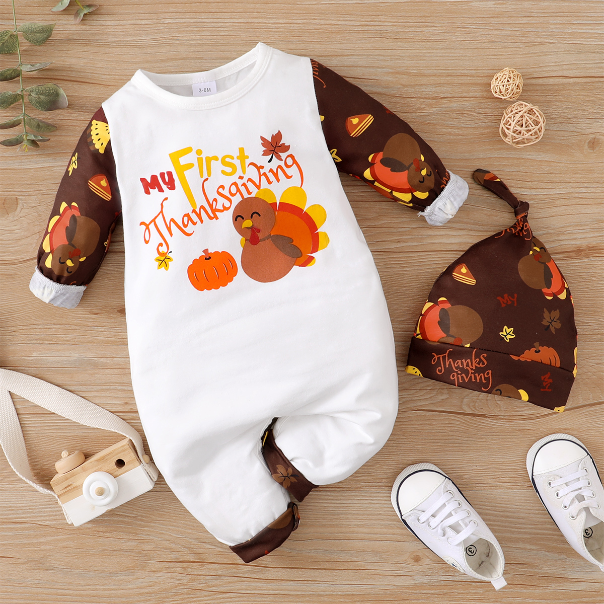 

Thanksgiving Day 2pcs Baby Cartoon Turkey and Letter Print Cotton Long-sleeve Jumpsuit Set