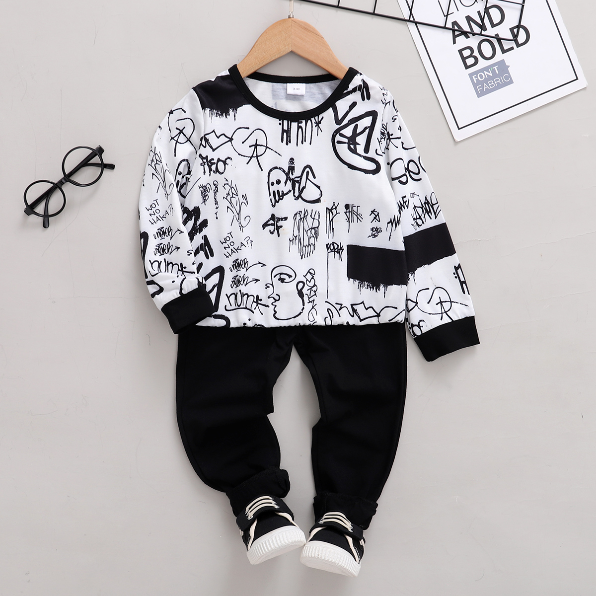 

2-piece Toddler Boy Letter Print Long-sleeve Tee and Black Pants Set