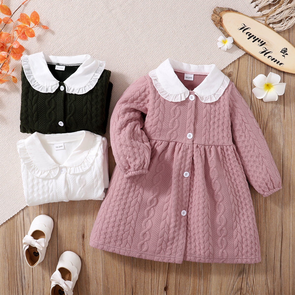 

Toddler Girl Doll Collar Button Design Cable Knit Textured Long-sleeve Dress