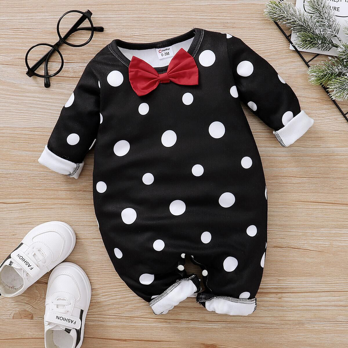

Polka Dots Print Bow Tie Decor Long-sleeve Black Baby Jumpsuit